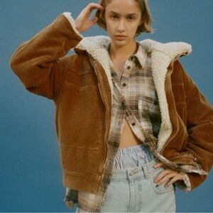 BDG Tan and White Teddy Jacket with Sherpa Lining